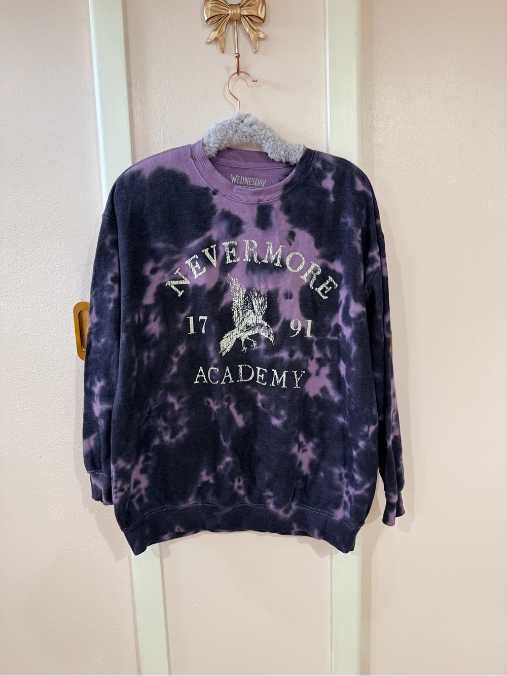 Spirit Purple and Black Tie-Dye Nevermore Academy Crewneck Sweatshirt